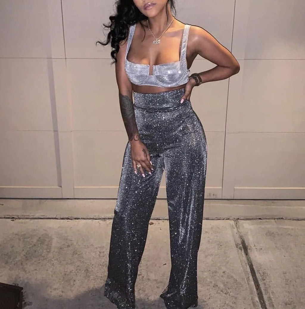 MoreThanWords™ Elastic Waist Sequin Wide-Leg Pants – Glam, Vintage & Club-Ready