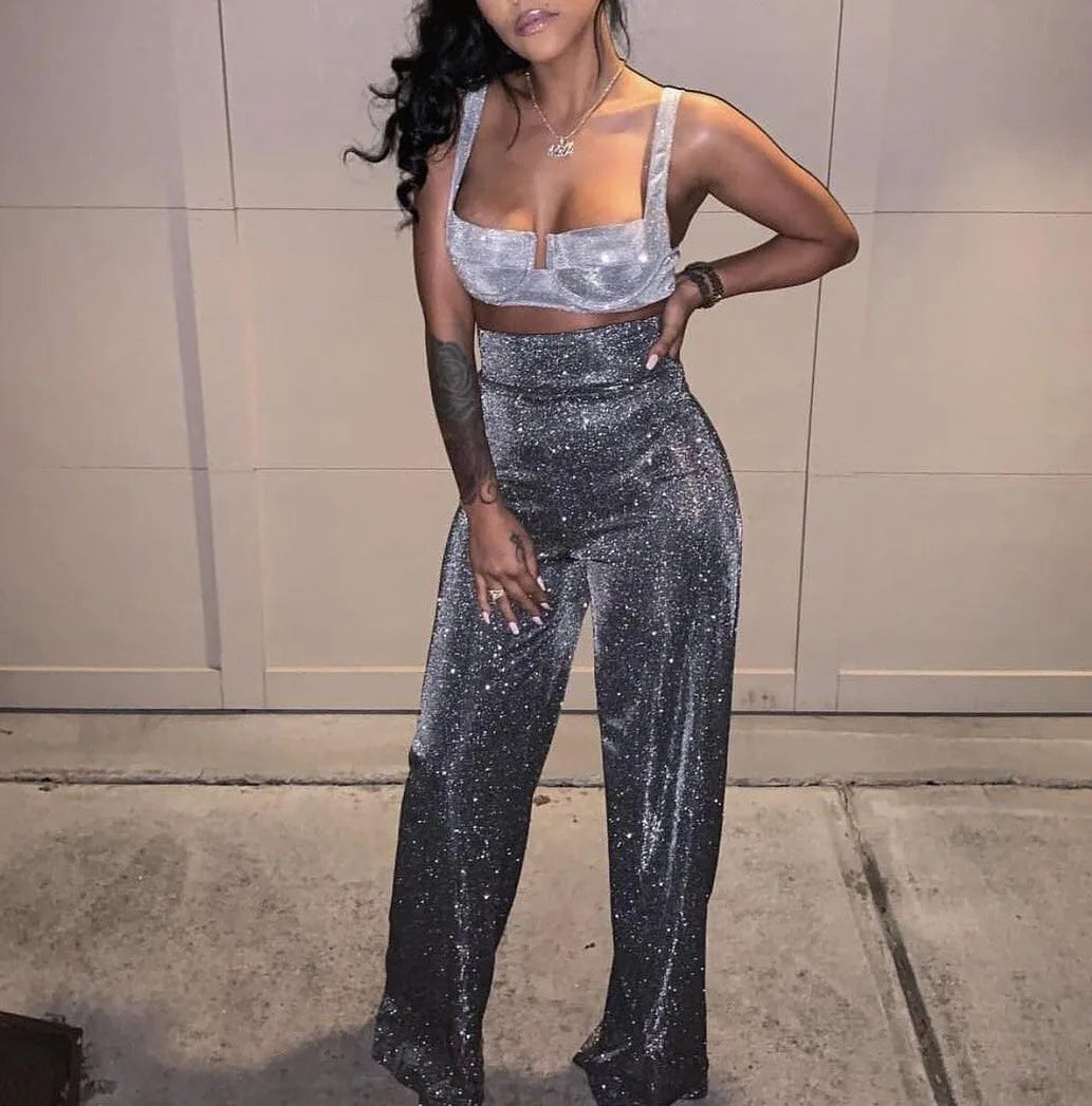 MoreThanWords™ Elastic Waist Sequin Wide-Leg Pants – Glam, Vintage & Club-Ready
