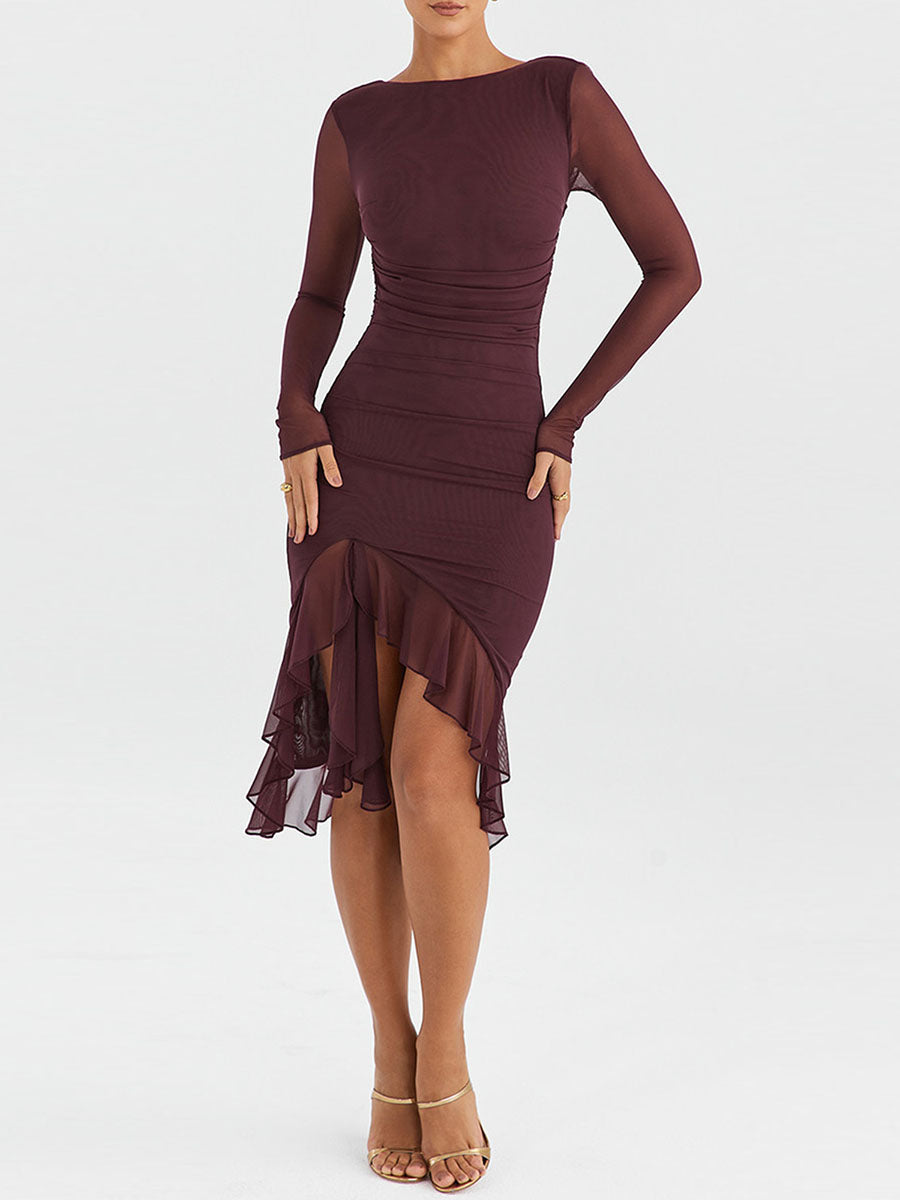 MoreThanWords™ Elegant Mesh Ruffle Mermaid Midi Dress