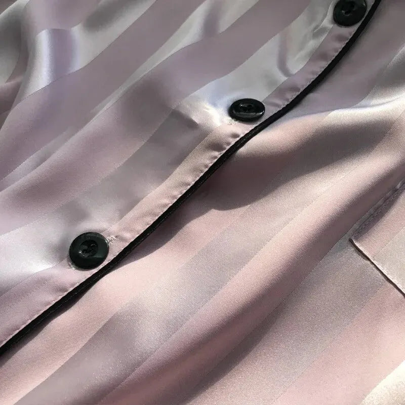 MoreThanWords™  Women’s Elegant Satin Lounge Set – Plus Size, Striped Pajamas with Button-Up Shirt & Pants