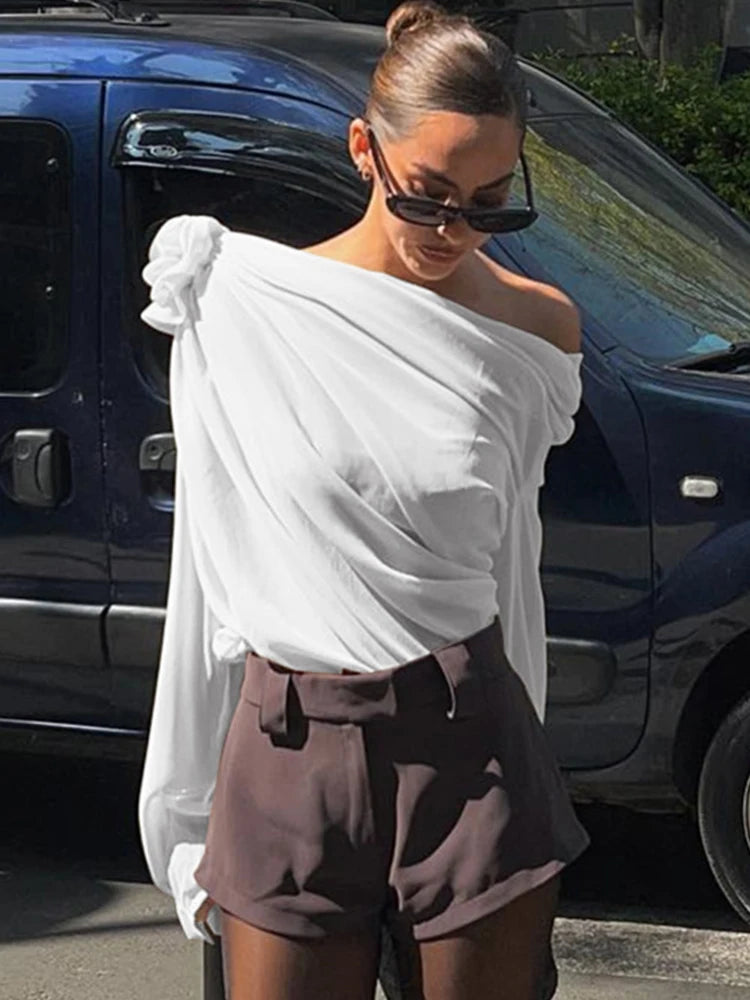 MoreThanWords™ Slope Shoulder Asymmetric Cropped Blouse – Elegant Autumn Essential