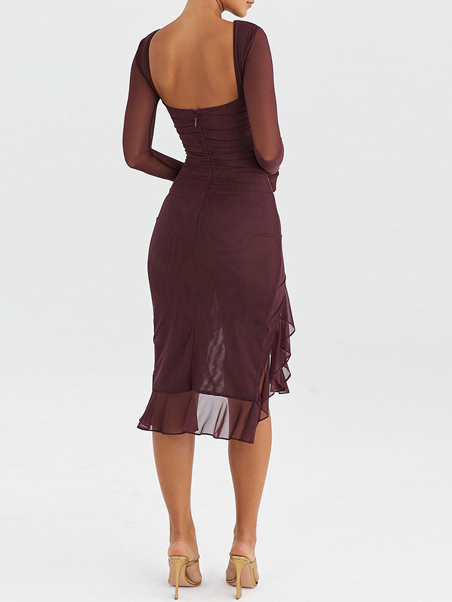 MoreThanWords™ Elegant Mesh Ruffle Mermaid Midi Dress