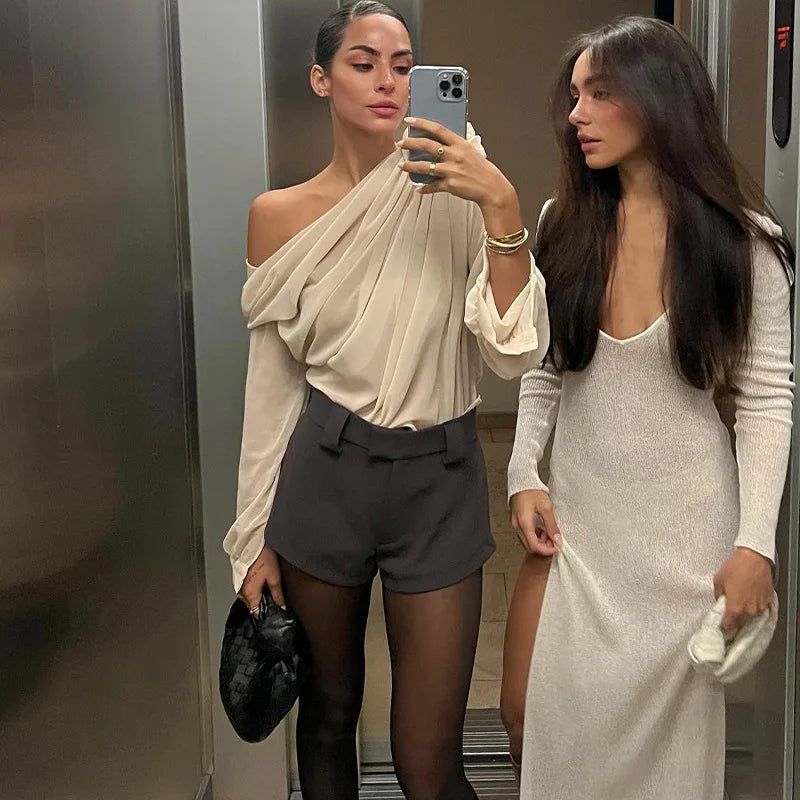 MoreThanWords™ Slope Shoulder Asymmetric Cropped Blouse – Elegant Autumn Essential