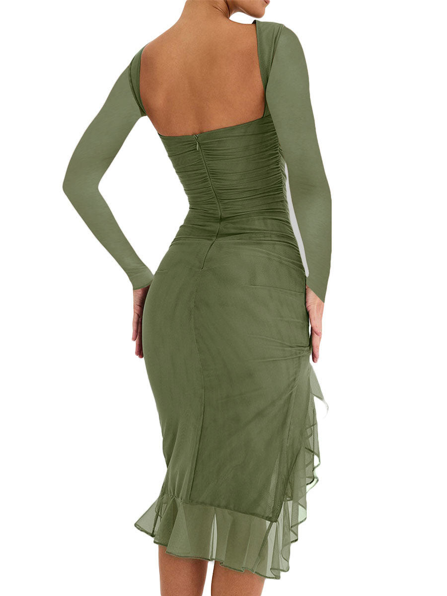 MoreThanWords™ Elegant Mesh Ruffle Mermaid Midi Dress