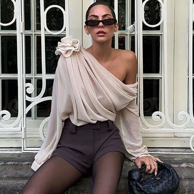 MoreThanWords™ Slope Shoulder Asymmetric Cropped Blouse – Elegant Autumn Essential