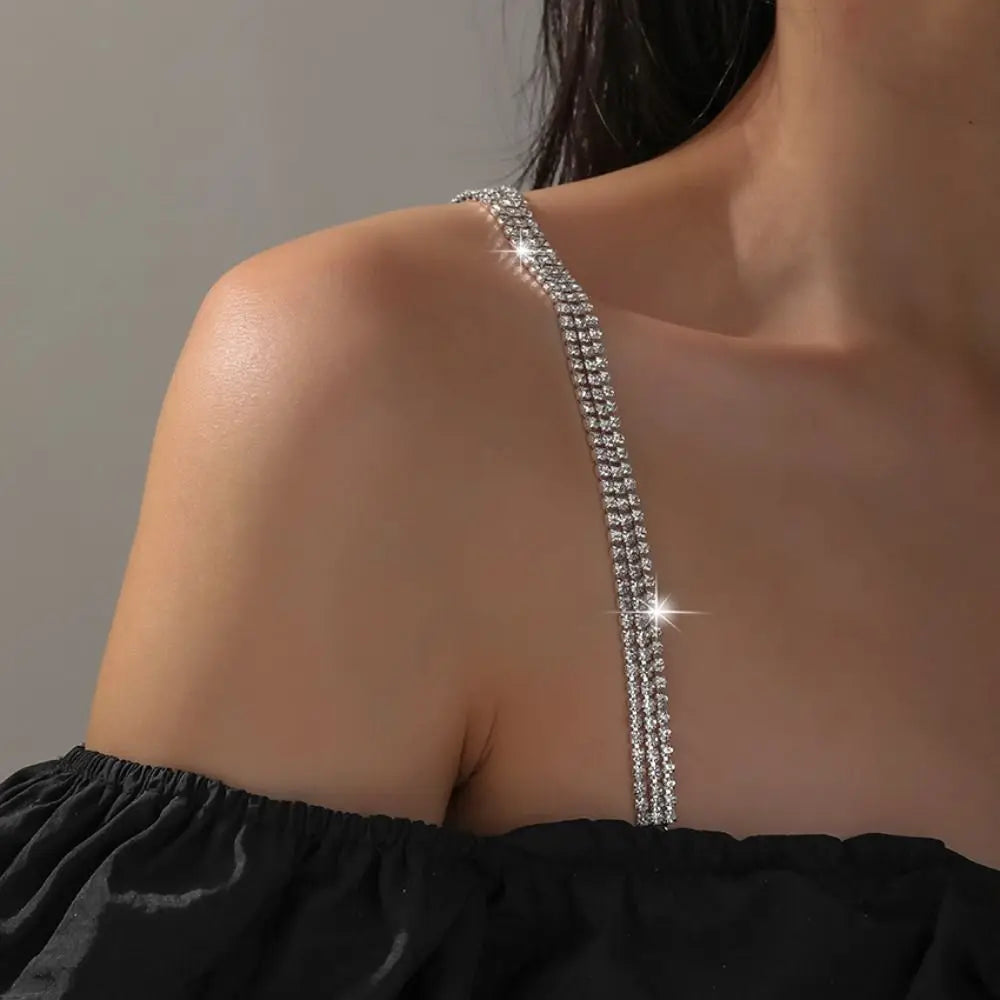 MoreThanWords™ Shiny Metal Bra Straps with Three Rows of Rhinestones – Glamorous & Adjustable