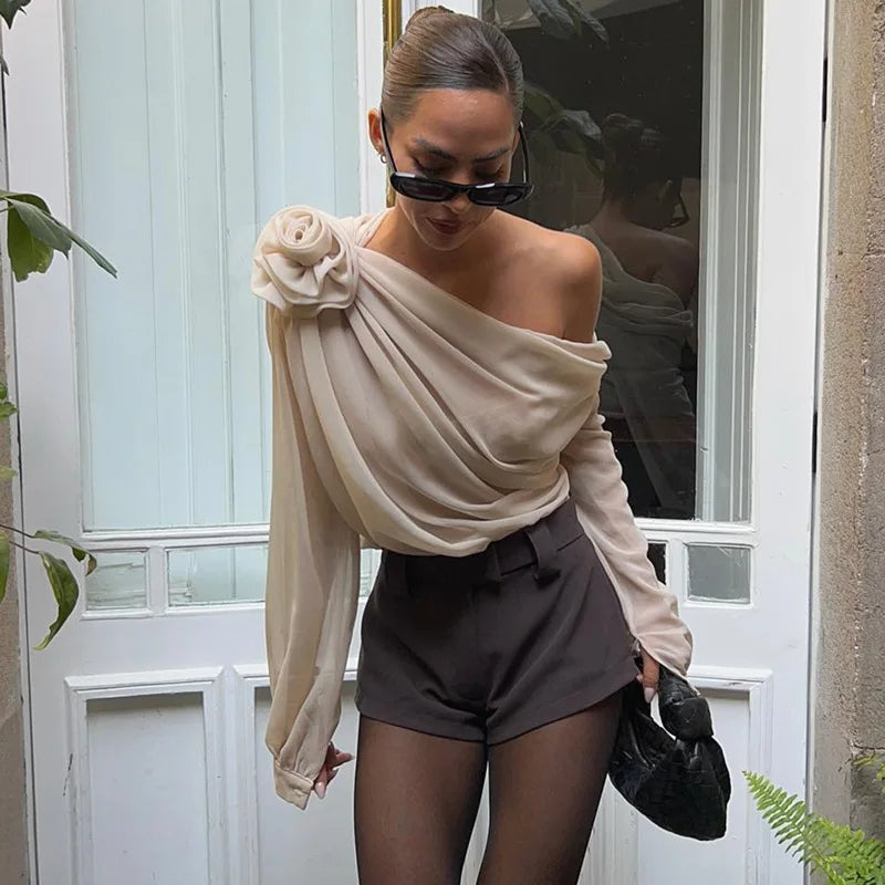 MoreThanWords™ Slope Shoulder Asymmetric Cropped Blouse – Elegant Autumn Essential