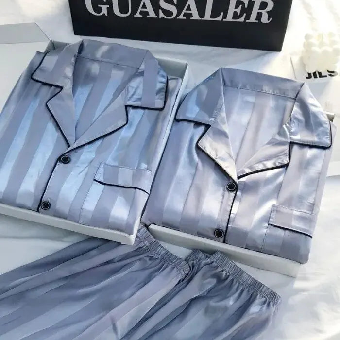 MoreThanWords™  Women’s Elegant Satin Lounge Set – Plus Size, Striped Pajamas with Button-Up Shirt & Pants