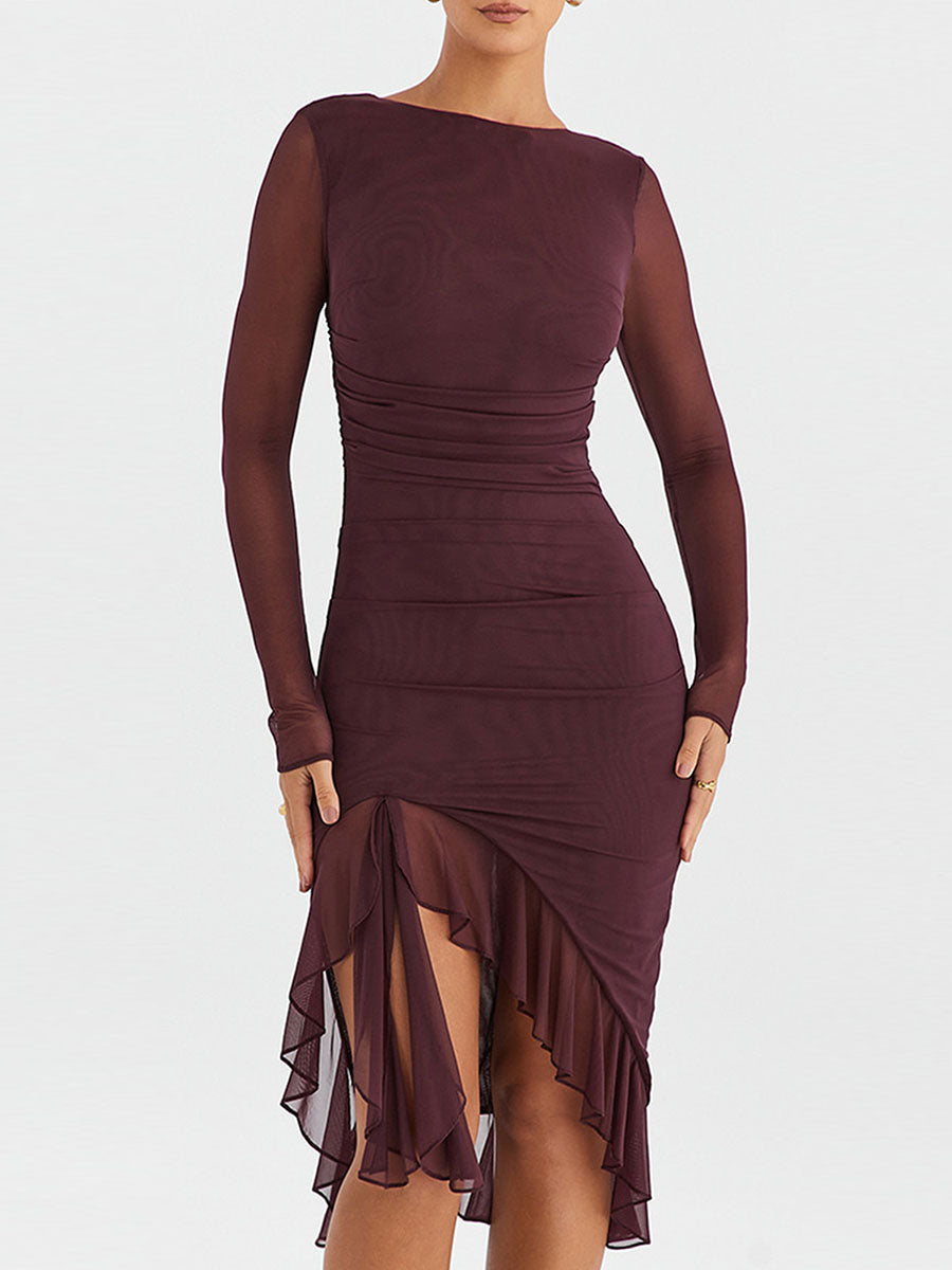 MoreThanWords™ Elegant Mesh Ruffle Mermaid Midi Dress
