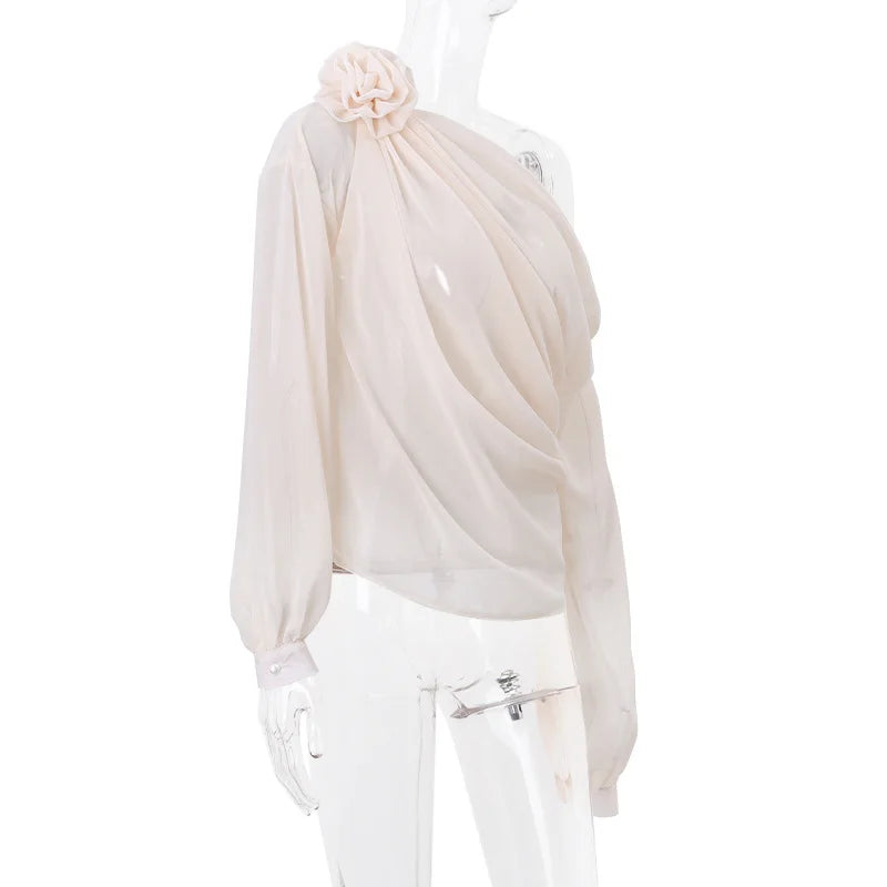 MoreThanWords™ Slope Shoulder Asymmetric Cropped Blouse – Elegant Autumn Essential