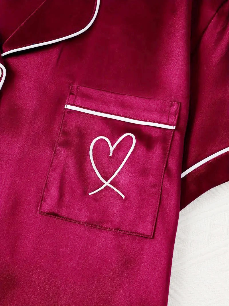 MoreThanWords™ Women’s Heart Embroidered Pajama Set – Button-Down Lounge Sleepwear