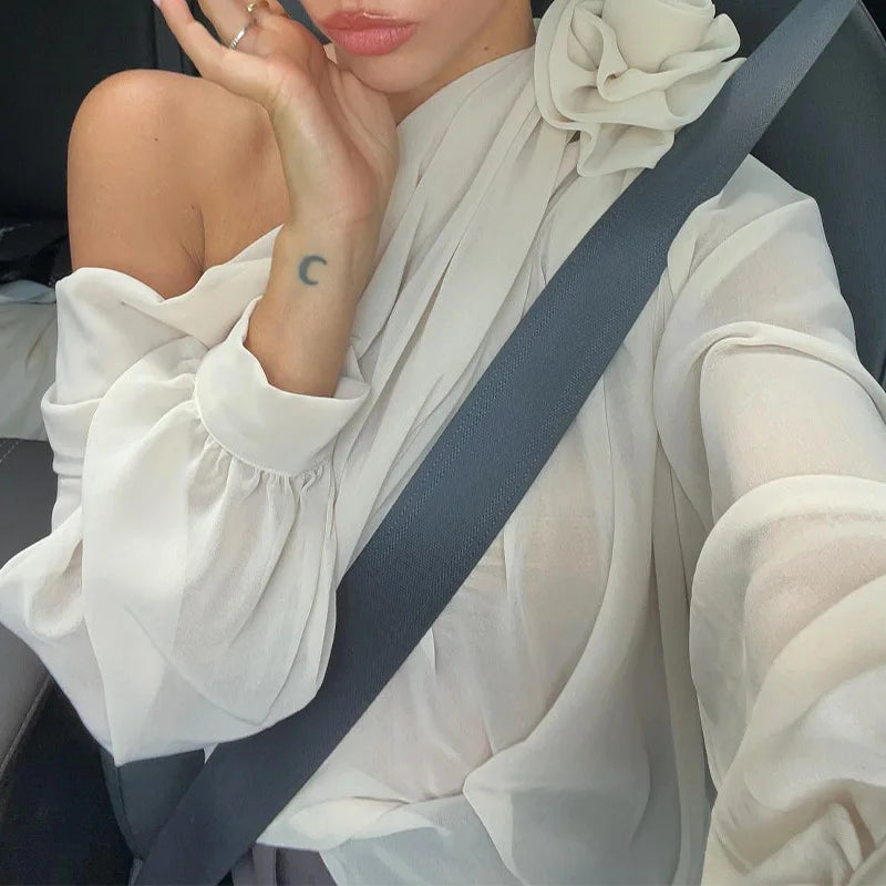 MoreThanWords™ Slope Shoulder Asymmetric Cropped Blouse – Elegant Autumn Essential