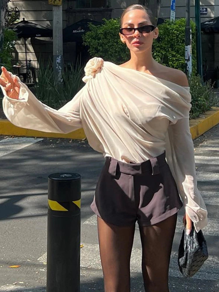 MoreThanWords™ Slope Shoulder Asymmetric Cropped Blouse – Elegant Autumn Essential