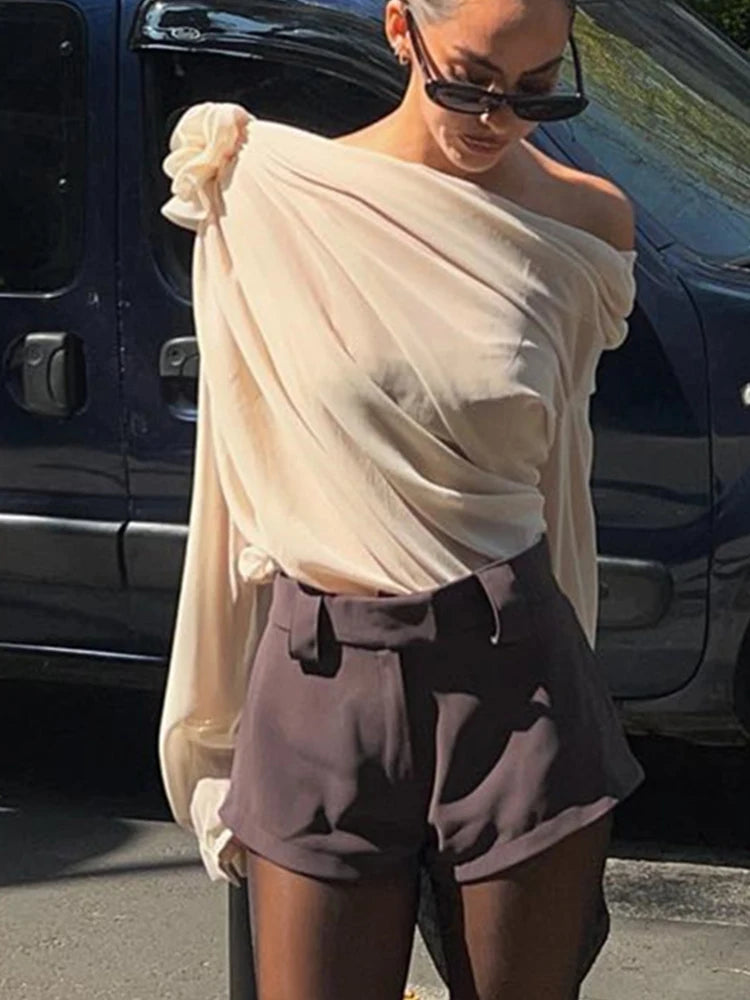 MoreThanWords™ Slope Shoulder Asymmetric Cropped Blouse – Elegant Autumn Essential