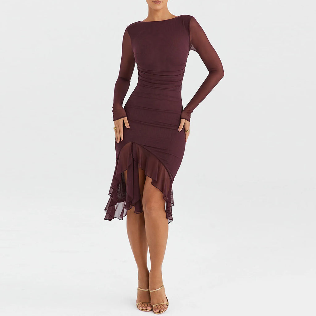 MoreThanWords™ Elegant Mesh Ruffle Mermaid Midi Dress