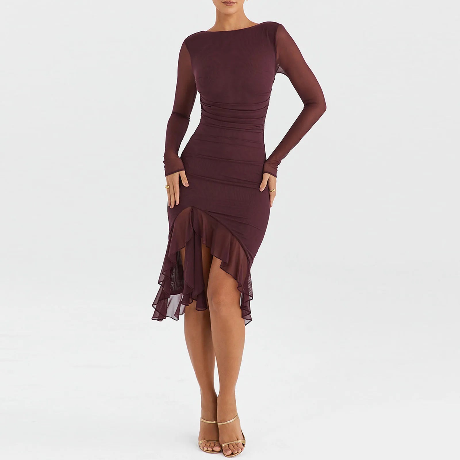 MoreThanWords™ Elegant Mesh Ruffle Mermaid Midi Dress