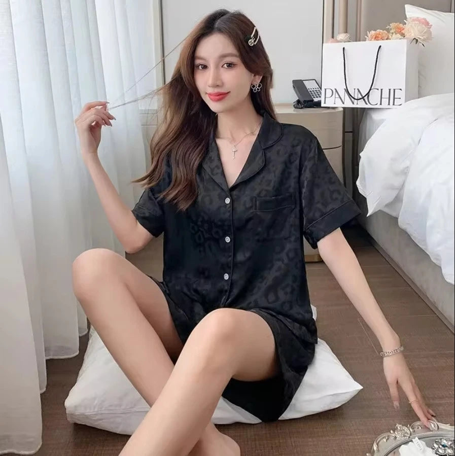 MoreThanWords™  Women’s Elegant Satin Lounge Set – Plus Size, Striped Pajamas with Button-Up Shirt & Pants