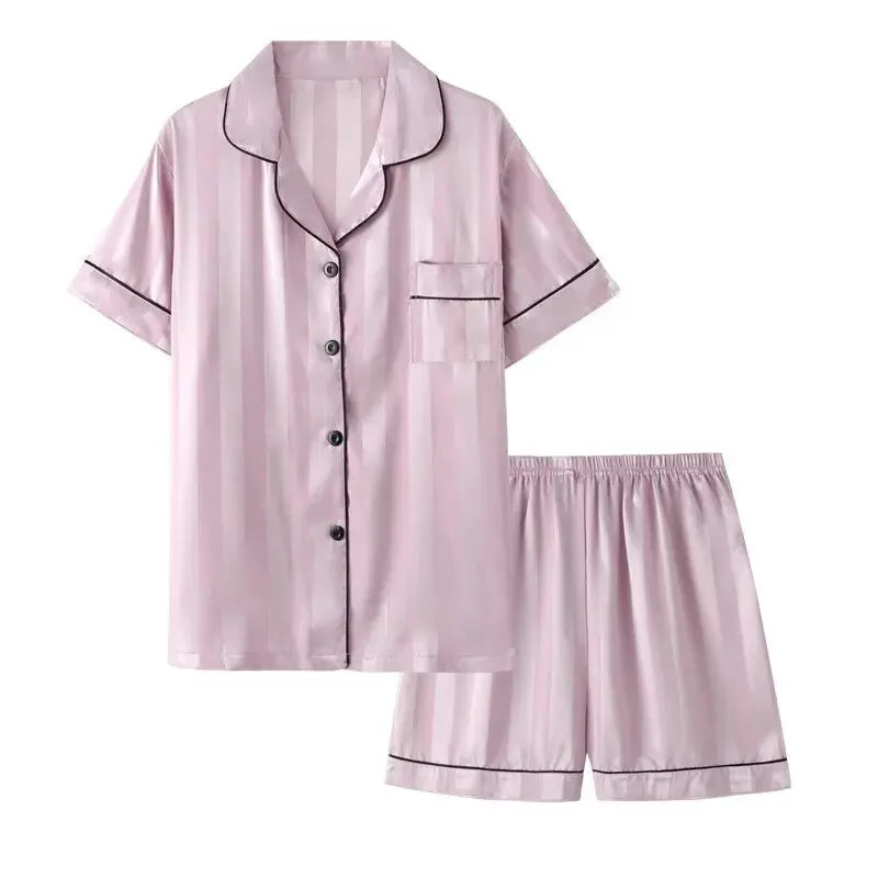 MoreThanWords™  Women’s Elegant Satin Lounge Set – Plus Size, Striped Pajamas with Button-Up Shirt & Pants