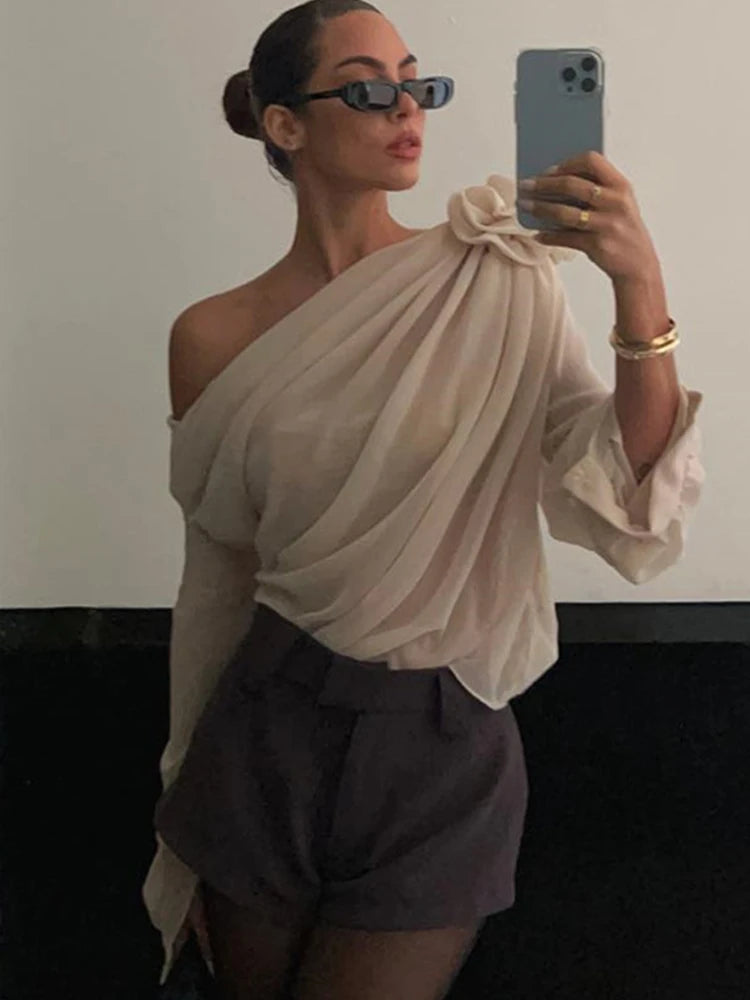 MoreThanWords™ Slope Shoulder Asymmetric Cropped Blouse – Elegant Autumn Essential