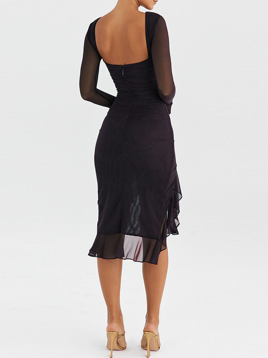 MoreThanWords™ Elegant Mesh Ruffle Mermaid Midi Dress