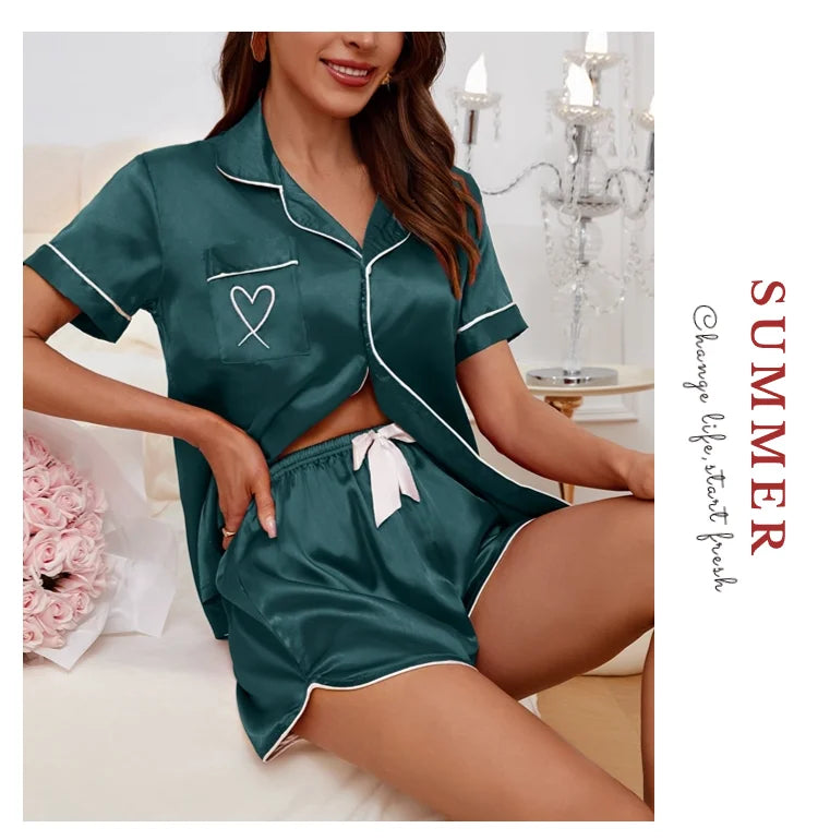 MoreThanWords™ Women’s Heart Embroidered Pajama Set – Button-Down Lounge Sleepwear