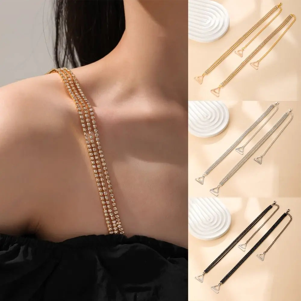 MoreThanWords™ Shiny Metal Bra Straps with Three Rows of Rhinestones – Glamorous & Adjustable