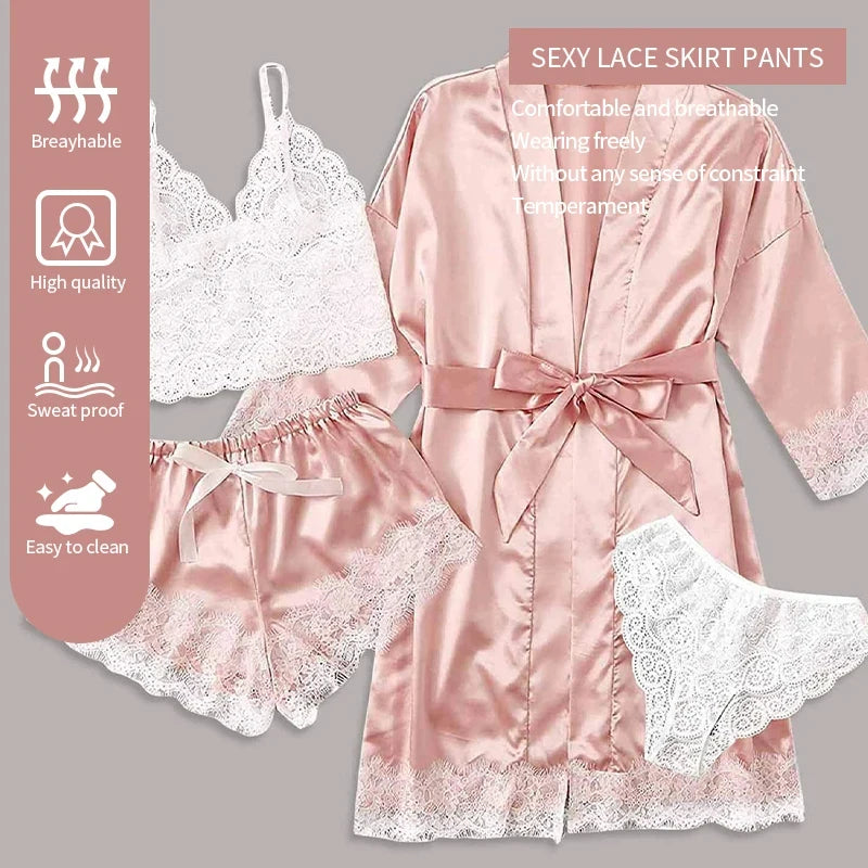 MoreThanWords™  4-Piece Women's Lace Sleepwear Set – Sexy & Elegant Nightwear Ensemble