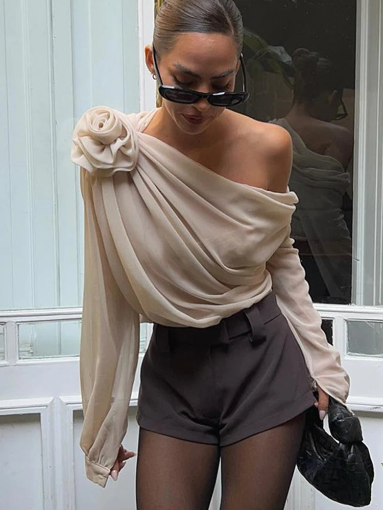 MoreThanWords™ Slope Shoulder Asymmetric Cropped Blouse – Elegant Autumn Essential