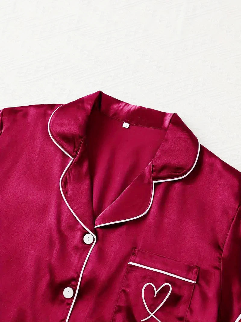 MoreThanWords™ Women’s Heart Embroidered Pajama Set – Button-Down Lounge Sleepwear