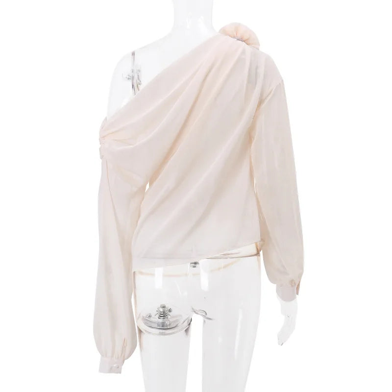 MoreThanWords™ Slope Shoulder Asymmetric Cropped Blouse – Elegant Autumn Essential