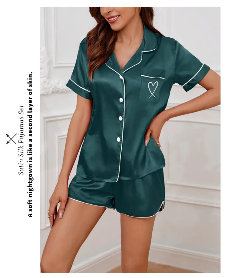 MoreThanWords™ Women’s Heart Embroidered Pajama Set – Button-Down Lounge Sleepwear