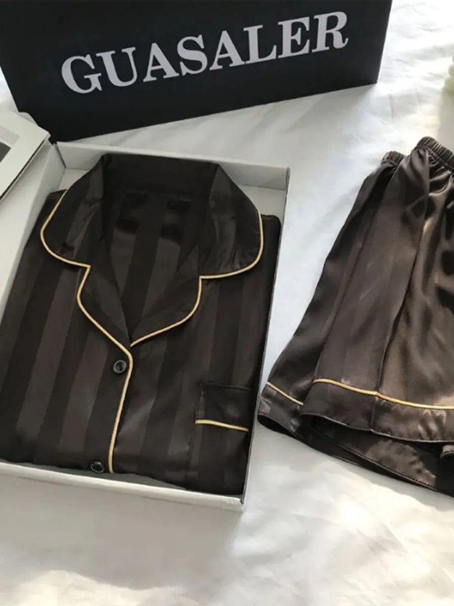 MoreThanWords™  Women’s Elegant Satin Lounge Set – Plus Size, Striped Pajamas with Button-Up Shirt & Pants