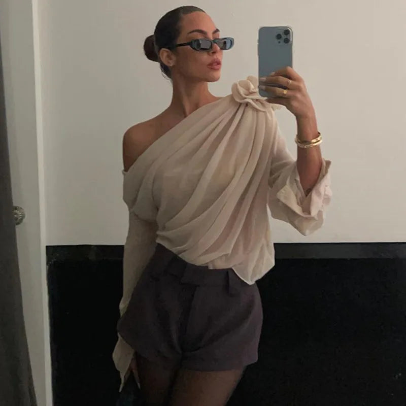 MoreThanWords™ Slope Shoulder Asymmetric Cropped Blouse – Elegant Autumn Essential